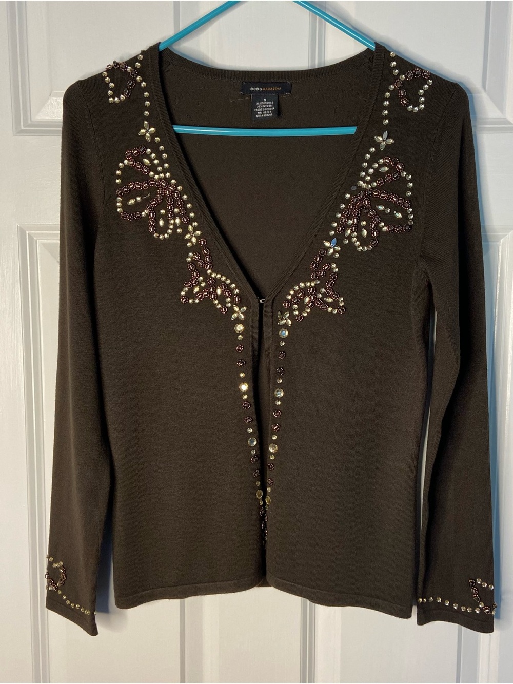 Vintage BCBGMaxAzria rhinestone Beaded V-Neck Embellished Cardigan Sweater Brown